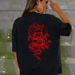Unisex Şanslı Dragon Rahat Kesim Oversize T-shirt
