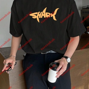 Unisex Shark Tasarım Tshirt Kısa kollu bisiklet yaka t-shirt