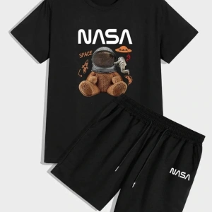 Unisex Siyah Alt-üst Tshirt Şort Kombini Nasa Ayıcık Baskılı Takım