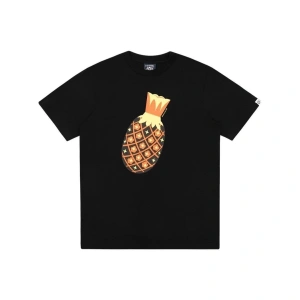 Unisex Siyah Ananas Baskılı Bisiklet Yaka Tshirt