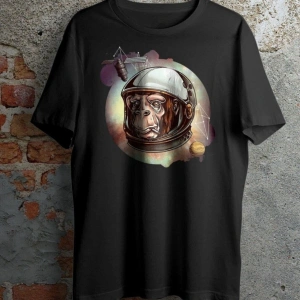 Unisex Siyah Astronot Maymun Baskılı Oversize Bisiklet Yaka Tişört