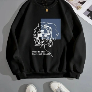 Unisex Siyah Bisiklet Yaka Kadın Surat Baskılı Pamuklu Sweatshirt