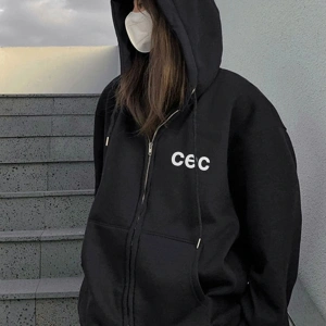 Unisex Siyah CEC Baskılı Oversize Kapüşonlu Hırka