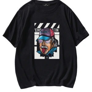 Unisex Siyah Einstein Baskılı Oversize Tişört