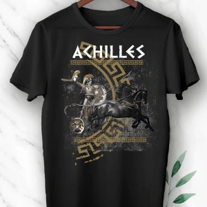 Unısex Siyah Mitoloji Akhilleus Baskılı Tişört