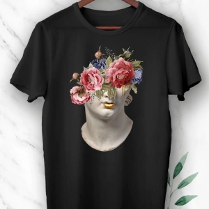 Unisex Siyah Mitoloji Heykel Baskılı T-Shirt