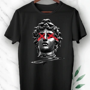 Unisex Siyah Mitoloji Heykel Baskılı T-shirt