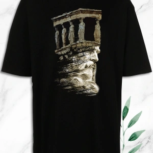 Unisex Siyah Mitoloji Yük Taşıyan Baskılı T-Shirt