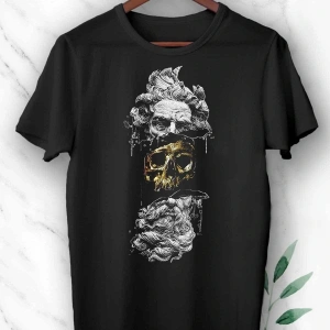 Unısex Siyah Mitoloji Zeus Ve Kurukafa Baskılı Tişört