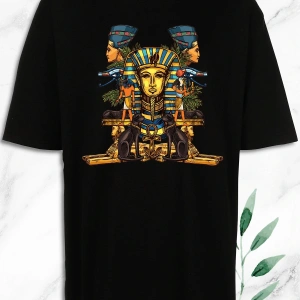 Unisex Siyah Oversize Antik Mısır Egypt Firavun Baskılı Tişört