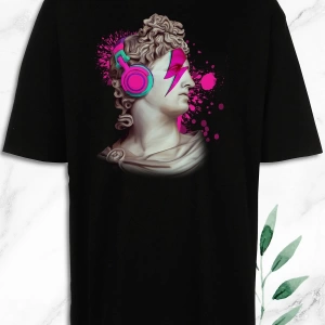 Unisex Siyah Oversize Mitoloji Heykel Baskılı T-Shirt