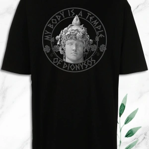 Unisex Siyah Oversize Mitoloji Şarap Tanrısı Dionysos Heykel Baskılı Tişört