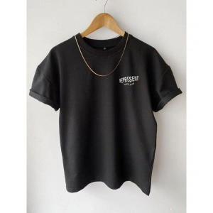 Unisex Siyah Represent Baskılı Oversize Bisiklet Yaka T-shirt