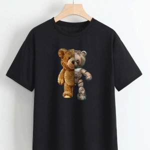 Unisex Siyah Robotik Ayıcık Baskılı Oversize Bisiklet Yaka T-shirt