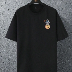 Unisex Siyah The Galaxy Gezegen Baskılı Oversize Bisiklet Yaka Tshirt