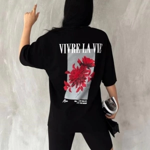 Unisex Siyah Vivre La Vie Baskılı Oversize Bisiklet Yaka Penye Tişört