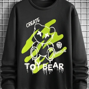 Unisex Toy Bear Baskılı Oversize Bisiklet Yaka Sweatshirt Siyah