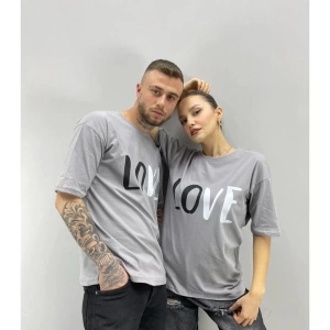 Unisex Tshirt Gri Love Baskılı Sevgili Çift Kombini 2 li Set