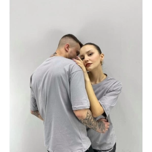 Unisex Tshirt Gri Love Baskılı Sevgili Çift Kombini 2 li Set