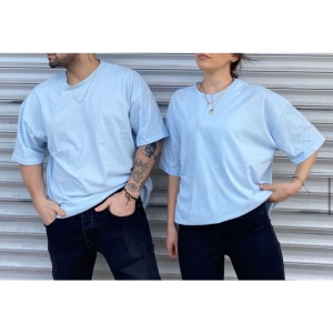 Unisex Turkuaz Bisiklet Yaka Sevgili Kombin 2 Li Paket Tshirt