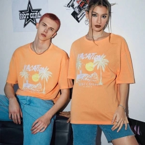 Unisex Turuncu Vacatıon Baskılı 2li Set Sevgili Çift Kombini