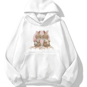 Unisex Two Rabbit with Flower Sweatshirt Beyaz