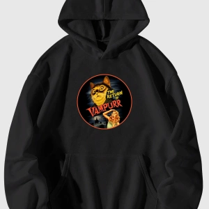 Unisex Vampur Kedi Baskılı Siyah Kanguru Cepli Kapüşonlu Sweatshirt Hoodie