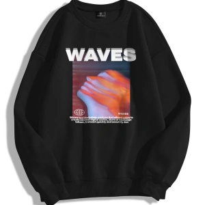 Unisex Waves Bisiklet Yaka Sweatshirt Siyah