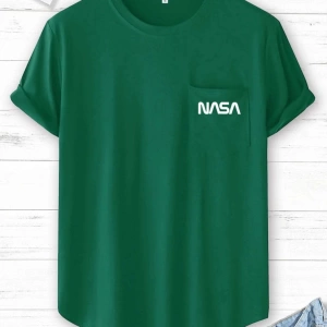 Unisex Yeşil Cepli Nasa Baskılı Oversize Bisiklet Yaka Tişört