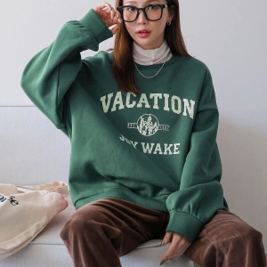 Unisex Yeşil Vacation Joy Wake Baskılı Oversize Bisiklet Yaka Sweatshirt
