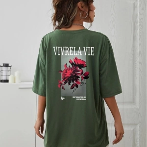 Unisex Yeşil Vivre La Vie Baskılı Oversize Bisiklet Yaka Penye Tişört