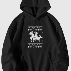 Unisex Yılbaşı Noel Baba Geyikleri Baskılı Kanguru Cepli Kapüşonlu Sweatshirt Sweat Siyah