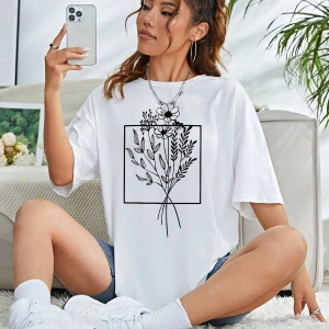 Unity Çiçek Desenli Düşük Omuzlu Büyük Boy Tişört