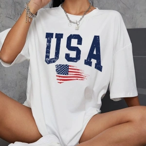 Usa Flag Baskılı Beyaz Oversize Tişört