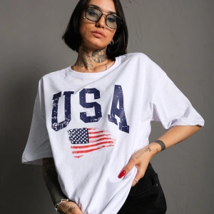 Usa Flag Baskılı Beyaz Oversize Tişört