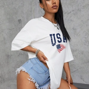 Usa Flag Baskılı Beyaz Oversize Tişört