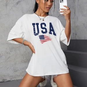 Usa Flag Baskılı Beyaz Oversize Tişört