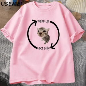 Uyandırma hareket aptal kedi T Shirt erkek kadın rahat erkek tişört adam giysileri pamuk kısa 2989