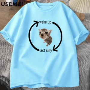 Uyandırma hareket aptal kedi T Shirt erkek kadın rahat erkek tişört adam giysileri pamuk kısa 2989
