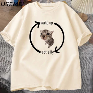 Uyandırma hareket aptal kedi T Shirt erkek kadın rahat erkek tişört adam giysileri pamuk kısa