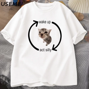 Uyandırma hareket aptal kedi T Shirt erkek kadın rahat erkek tişört adam giysileri pamuk kısa