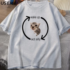 Uyandırma hareket aptal kedi T Shirt erkek kadın rahat erkek tişört adam giysileri pamuk kısa
