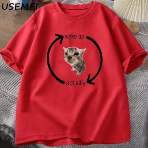 Uyandırma hareket aptal kedi T Shirt erkek kadın rahat erkek tişört adam giysileri pamuk kısa