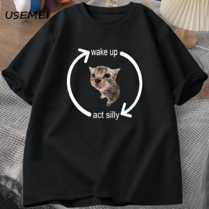 Uyandırma hareket aptal kedi T Shirt erkek kadın rahat erkek tişört adam giysileri pamuk kısa