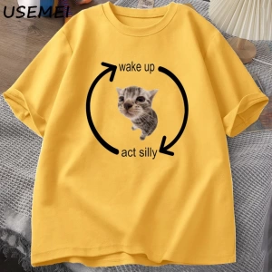 Uyandırma hareket kedi T Shirt erkek kadın rahat pamuk kısa kol