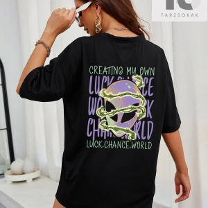 Uzaylı ve Slogan Grafikli Düşük Omuzlu Oversize Tişört