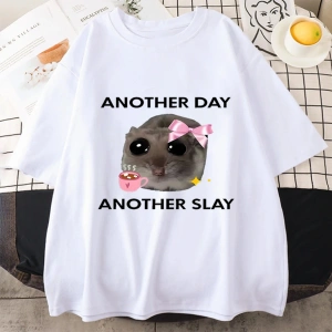 Üzgün Hamster başka bir gün Slay komik grafict-pamuk Kawaii Tshirt erkekler kadın bask