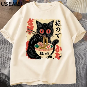 Vintage Japon Siyah Kedi Ramen T Shirt Sevimli Grafik Tee Komik Kedi Yeme Ramen T-Shirt Baskı 2828