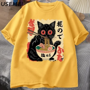 Vintage Japon Siyah Kedi Ramen T Shirt Sevimli Grafik Tee Komik Kedi Yeme Ramen T-Shirt Baskı 2828