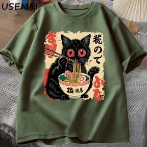 Vintage Japon Siyah Kedi Ramen T Shirt Sevimli Grafik Tee Komik Kedi Yeme Ramen T-Shirt Baskı 2828